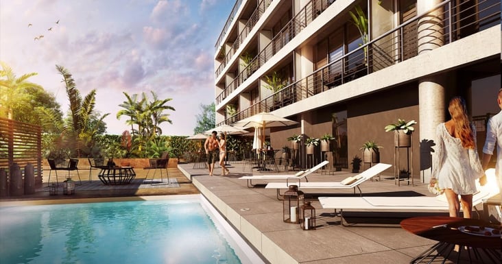 Render la pileta de More Buceo en día soleado, proyecto arquitectónico de Gómez Platero