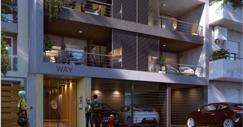 Exterior de edificio moderno con personas y carros al frente Way