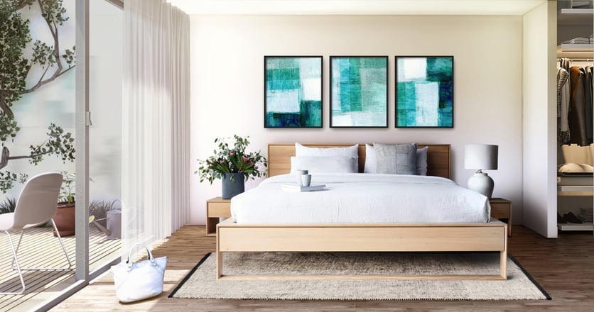 Cuarto moderno con cama closet y decoraciones elegantes de un apartamento en el edificio L+
