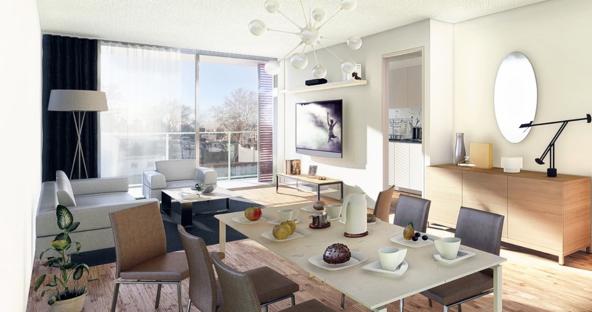 Elegante comedor living de un apartamento en el edificio L+
