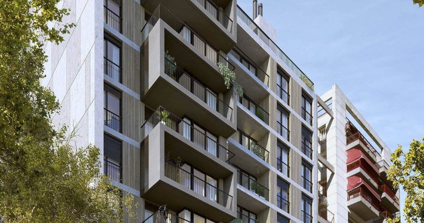 Fachada edificio Dómini Rivera y Salterain con balcones y ventanales del estudio de arquitectos Pablo Szames