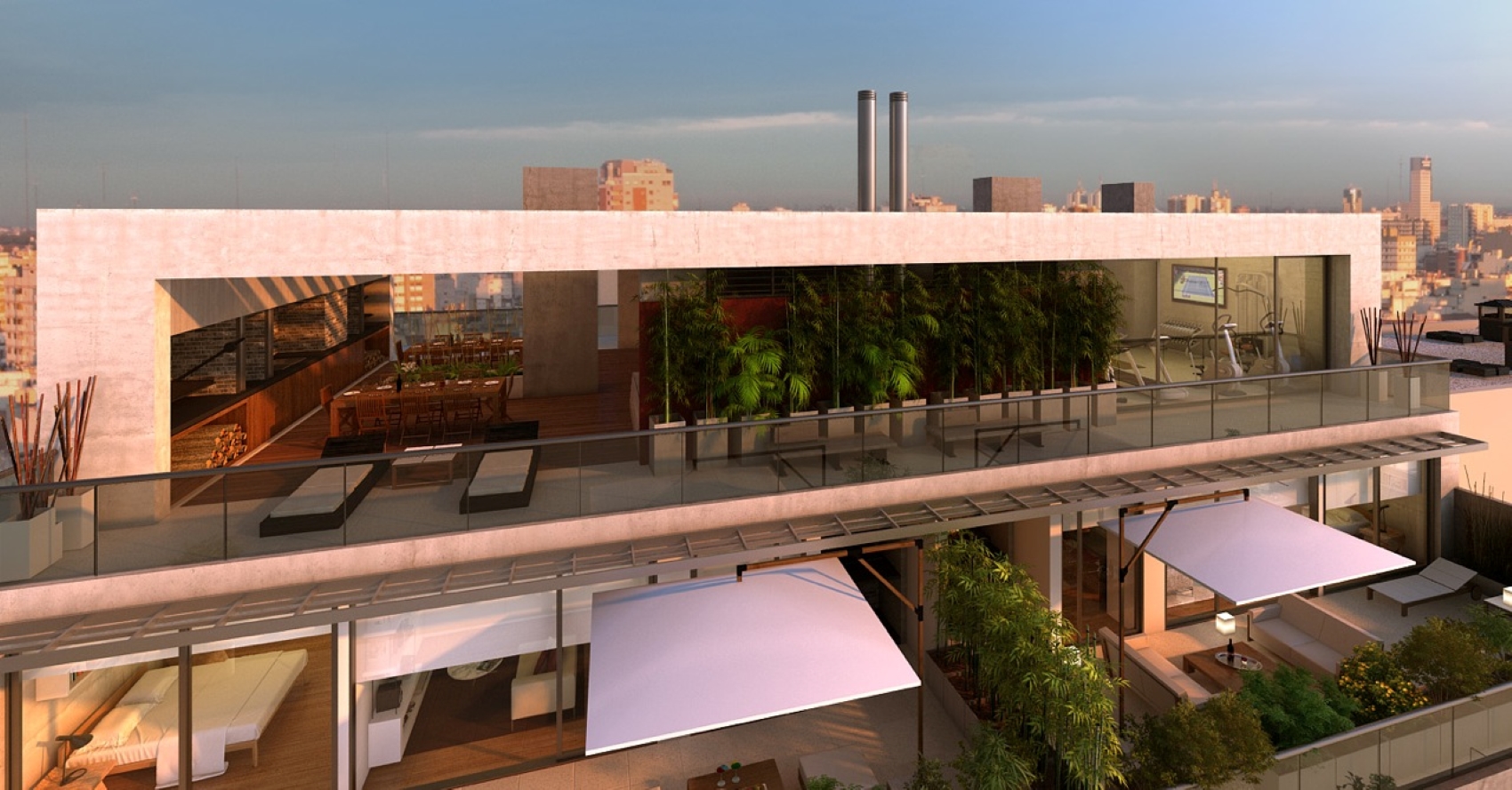 Terraza y salón de usos múltiples con gimnasio del edificio Live Soho de la empresa constructora Nova